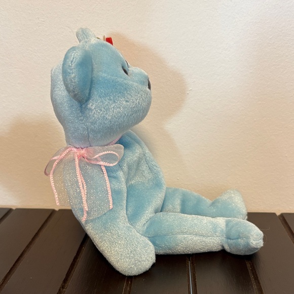 Ty Light Blue Stuffed Bear with Pink Ribbon - Picture 4 of 5